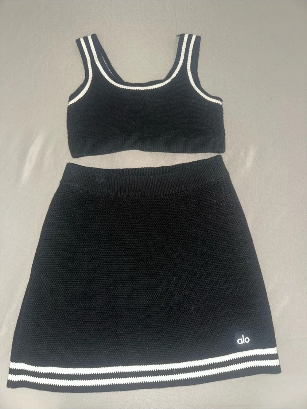 Alo Athletic Black Knit Tennis Skirt and top with White Trim